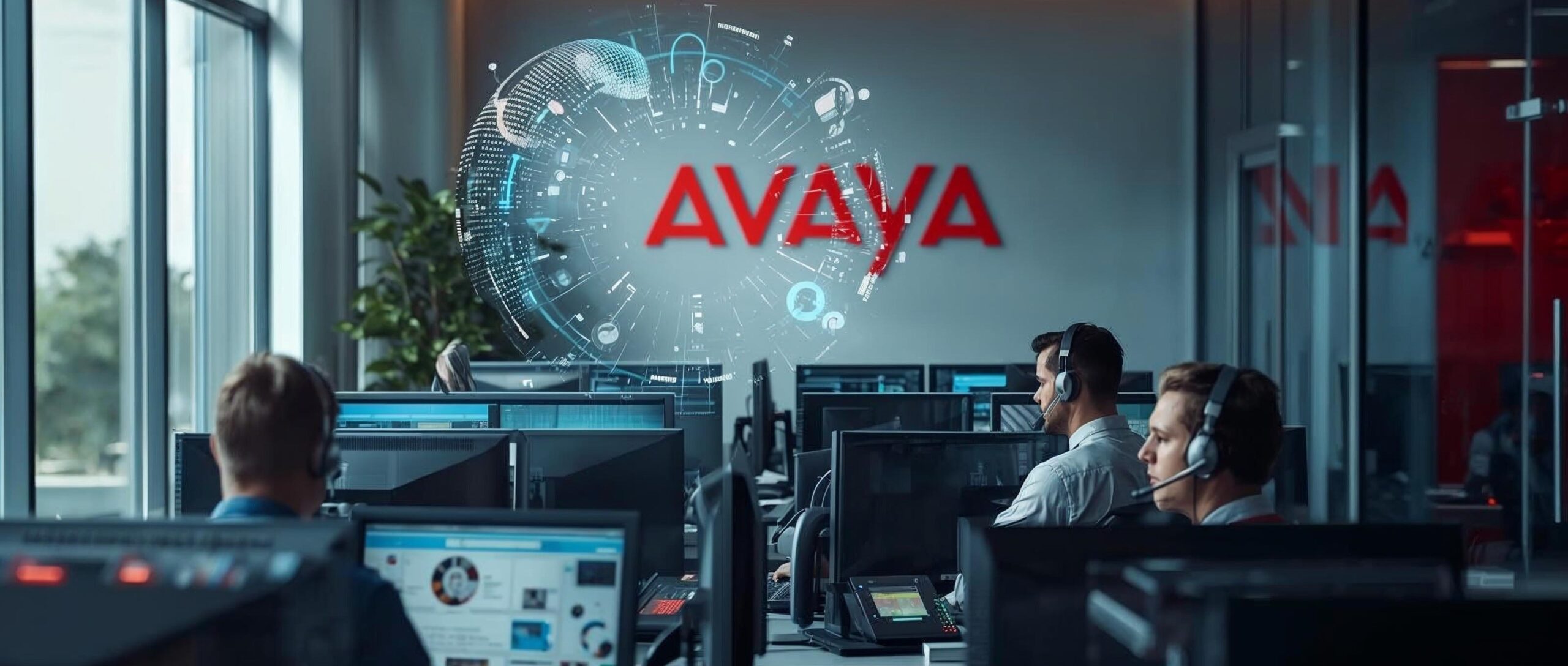 Avaya IP Office communication system with contact center agents in a modern enterprise office.