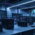 Cybersecurity infrastructure with enterprise firewall appliances, network security devices, and security monitoring dashboards protecting corporate networks.
