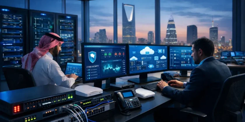 IT company workspace with enterprise networking equipment and cybersecurity infrastructure representing IT services in Saudi Arabia.