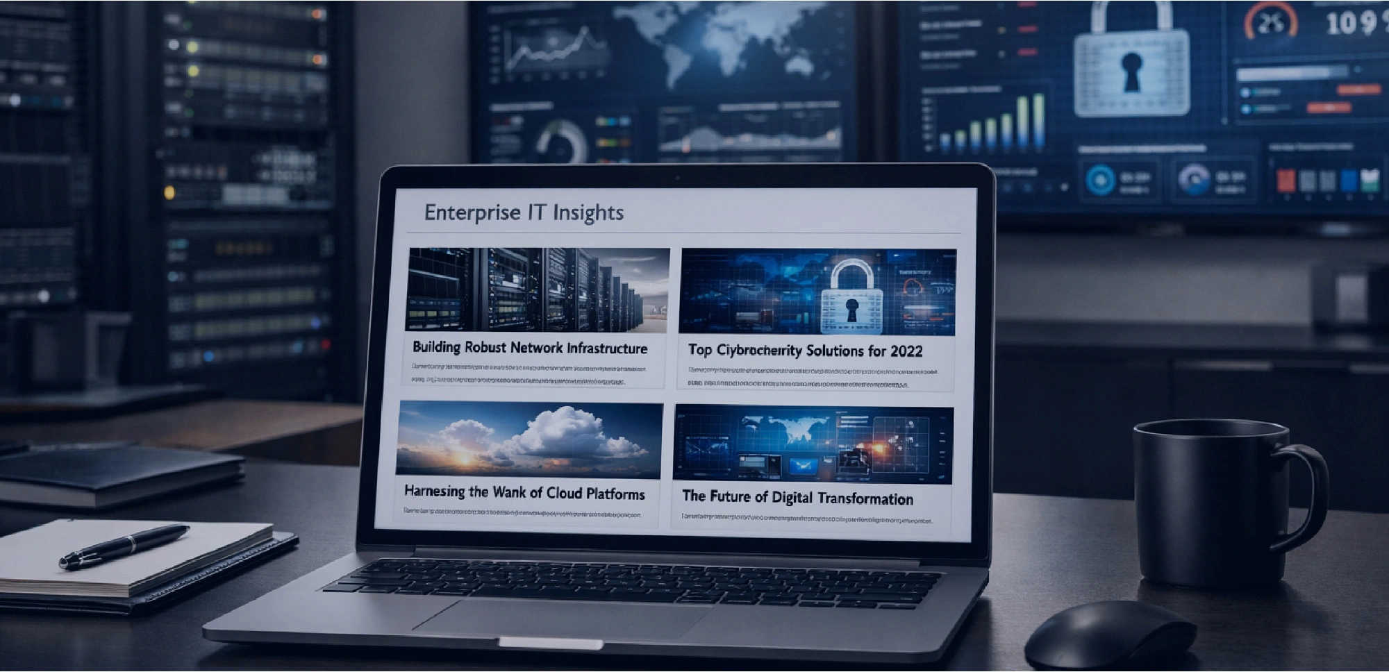 Enterprise IT technology blog workspace showing networking infrastructure, cybersecurity dashboards, and modern digital workplace environment